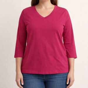 Kim Rogers 100% Cotton 3/4 Sleeve V-Neck Top — Soft Casual Shirt XL
